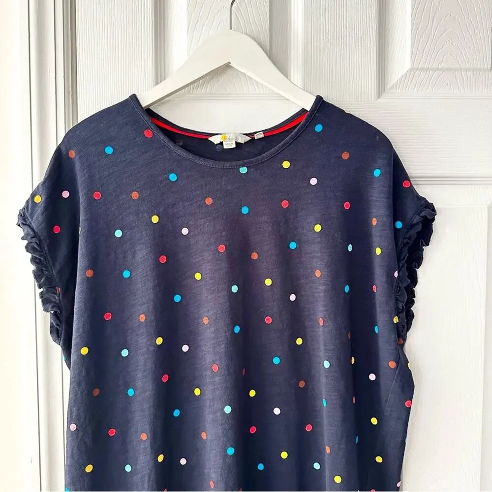Boden Faye Navy Blue Ruffle Trim Multi Colored Polka Dot T Shirt Dress 12R J0900 - Picture 4 of 13